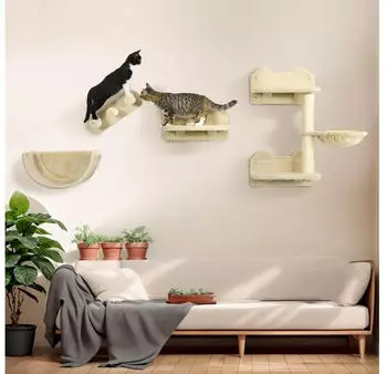 Pawhut Katzen Kletterwand 4 tlg. mit Kaztentreppe H&auml;ngematte Sprungplatt