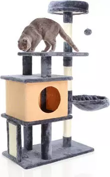 Wiltec in Dunkelgrau 112 cm hoch mit Katzenhaus Katzenbaum mit Liegemulde und Plattformen Katzenm&ouml;bel mit