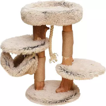 Wiltec mit Holz und Pl&uuml;sch 87,5 cm hoch Designer mit Birnbaumholz Katzenbaum mit H&auml;ngematte Katzenm&ouml;bel mit Liege