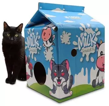 Croci Milk Karton aus Karton für ausgewachsene Katzen geschlossene Box mit kratzbarer Innenseite 100% recycelbar inklusive Katzenminzenbeutel 34x34x49 cm