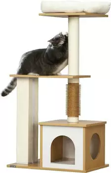 Pawhut 114 cm hoch Katzenbaum mit Katzenh&ouml;hle Kitzels&auml;ule Eiche