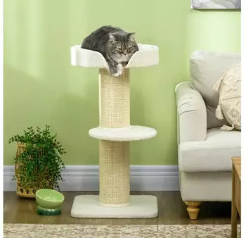 Pawhut klein 91 cm Katzenbaum mit Katzenbett Spielbaum Kratzstamm mit Plattform f&uuml;r Katzen bis 5 kg Sisal Wolle Cremewei&szlig;