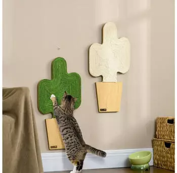 Pawhut Katze 2er Set Katzenkratzbretter aus Juteseil Katzen mit Haken Kratzwand f&uuml;r Katzen im Kakteen-Design 30 x 60 cm
