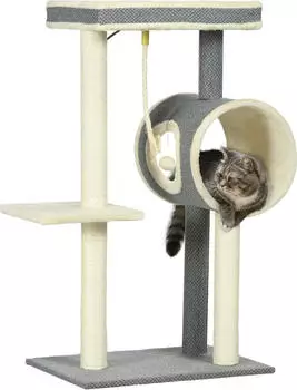 Pawhut 104 cm Katzenbaum mit Katzenh&ouml;hle mit Spielball Katzenbaum mit 2 Liegefl&auml;chen Kletterbaum f&uuml;r Katzen bis 5 kg Katzenm&ouml;bel Sisal Grau