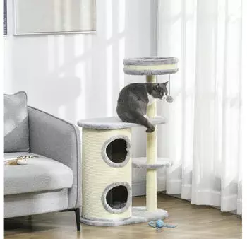 Pawhut 100 cm Katzenturm mit Spielball Sisalst&auml;mme gro&szlig;e Plattform mehrst&ouml;ckiger mit Kissen Kletterbaum f&uuml;r Katzen unter 5 kg Grau