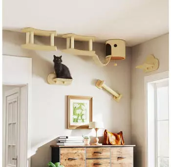 Pawhut Katzen Kletterwand Set Spanplatte Pl&uuml;sch Beige 133L x 34B x 28H cm