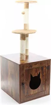 Wiltec aus Holz 125 cm mit Katzenhaus Design in Vintagebraun 2in1 Katzenhaus mit Katzenklo Kletterbaum f&uuml;r Katzen