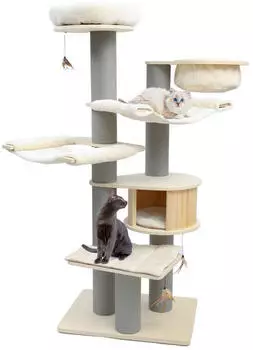 CanadianCat | Avery XXL beige-anthrazit 186cm Massivholz Katzenbaum mit Katzenhaus & H&auml;ngematten f&uuml;r gro&szlig;e Katzen stabil & Kratzfest 75 x 56 x 186 cm