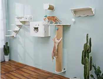 Cats Design Katzen-Wandregal Katzen XXL Kletterwand 6 Teilig Set T4 hochwertig solider holz Designmöbel-Extreme starke Konstruktion