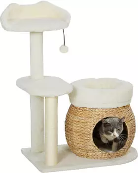 Pawhut 79 cm Katzenbaum mit Katzenh&ouml;hle Bett Spielb&auml;lle mit Sisal-Kratzs&auml;ulen f&uuml;r Katzen bis 5 kg Cremewei&szlig;