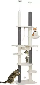 Pawhut Deckenhoch Katzenbaum 225-255 Cm Mit H&auml;ngematten Kratzst&auml;mmen Korb Spielball Katzenm&ouml;bel Mit Kippschutz Wei&szlig;