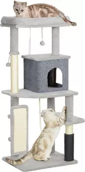 Pawhut 132 cm Katzenbaum mit Katzenh&ouml;hle f&uuml;r Katzen bis 6 kg Hellgrau