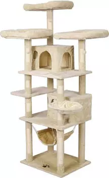Wiltec Beige mit Pfotenmotiv 172 cm mit Plattformen und Katzenh&auml;user Katzenbaum mit H&auml;ngematte Kletterbaum f&uuml;r Katzen
