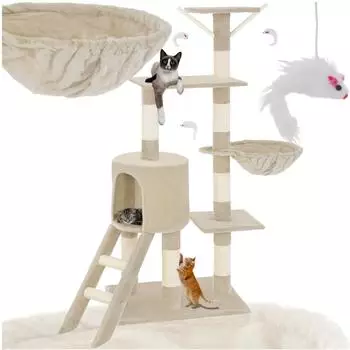 TecTake Kratzbaum mittel groß Katzenhaus 144 cm hoch beige