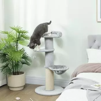 Pawhut 103,5 cm hoch Katzenbaum mit H&auml;ngematte baumelndem Spielball mit Sisal-Stamm Pl&uuml;sch-Platte f&uuml;r Katzen unter 6 kg Hellgrau