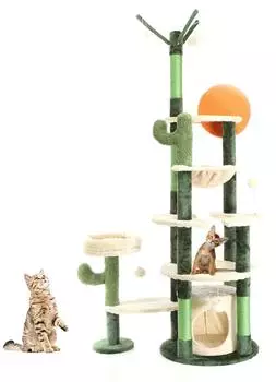 Wiltec im Kaktusdesign Grün/Beige 172 cm mit Katzenhaus und Liegemulde Katzenbaum mit Sisal Katzenmöbel mit Spielbälle