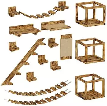 QLS Kletterwand Set XXL H&auml;ngebr&uuml;cke Katzenbett Katzenregal aus Holz zur Wandmontage