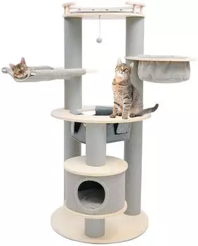 CanadianCat | Harper beige-anthrazit 168cm Stabiler Katzenbaum mit Katzenhaus & 3 H&auml;ngematten Quadratische Basis f&uuml;r mehr Stabilit&auml;t 76 x 76 x 168 cm