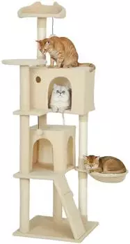Pawhut 160 cm hoch Katzenbaum mit 2 H&ouml;hlen Korb H&auml;ngematte 2 B&auml;llen Katzenbett mit Katzenmuster mit Sisal-St&auml;mmen Pl&uuml;sch f&uuml;r 1-3 Katzen unter 5 kg Beige