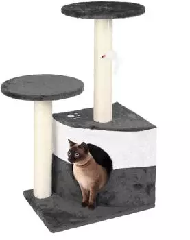 Wiltec in Grau 71 cm hoch mit Zwei Plattformen Katzenbaum mit H&ouml;hle und Spielball Kletterbaum f&uuml;r Katzen