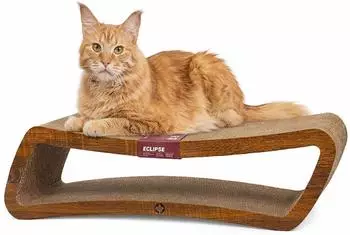 CanadianCat | Eclipse für Katzen 84 x 24 x 23 cm doppelseitig nutzbar stabile Wellpappe Holzoptik Walnuss & Liegeplatz