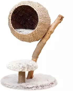Wiltec Zweigdesign mit Katzenkorb 83 cm hoch Designer mit Liegekorb in Flecht-Optik Katzenbaum aus Holz mit Pl&uuml;sch