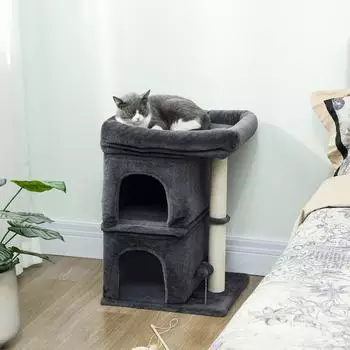 Pawhut klein Katzenbaum 66 cm hoch mit Gro&szlig;e Liegefl&auml;che 2 H&ouml;hlen Sisal-Kratzstamm Spielball mit Pl&uuml;sch f&uuml;r gro&szlig;e Katzen Dunkelgrau
