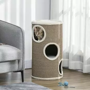 Pawhut 70 cm Hoch &Oslash; 38 cm dreist&ouml;ckige Katzentonne mit Pl&uuml;schrand Katzenh&ouml;hle f&uuml;r kleine Katzen Braun
