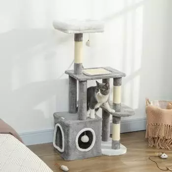 Pawhut 107 cm Katzenturm mit H&ouml;hle 2 Pl&uuml;schballen Sisalst&auml;mme gro&szlig;e Plattform mehrst&ouml;ckiger Kletterbaum f&uuml;r Katzen unter 5 kg Grau
