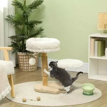 Pawhut 61,5 cm hoch mit Spielball Betten Katzenturm mit Katzenkratzbrett f&uuml;r Katzen unter 5 kg Birnbaumholz Wei&szlig;
