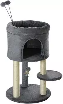 Pawhut 73,5H cm Katzenbaum mit Katzenh&ouml;hle und Spielball Kletterbaum Sisals&auml;ule Katzenspielzeug Pl&uuml;sch Grau+Cremewei&szlig;