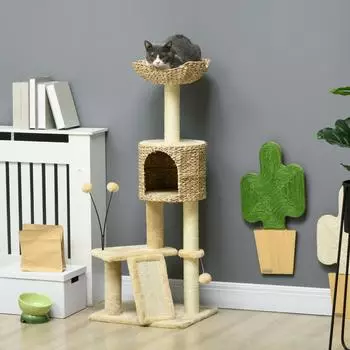 Pawhut Katzen 116 cm Katzenbaum mit Katzenh&ouml;hle Katzenbett Indoor Kletterturm mit Spielball Pl&uuml;sch f&uuml;r Katzen bis