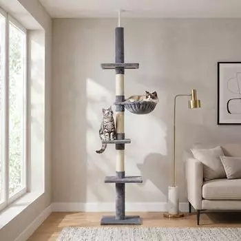 Pawhut Deckenhoch h&ouml;henverstellbar stabiler Katzenbaum mit Sisals&auml;ulen Katzen Kletterbaum Grau 40 x 34 x 230-260 cm