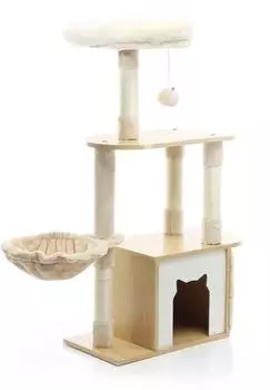 Wiltec mit Holz in Beige 106 cm hoch mit Katzenhaus und Liegemulde Katzenbaum mit Sisal Katzenmöbel mit Plüsch
