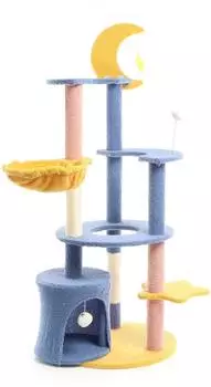 Wiltec mit Mond und Sterne 132 cm hoch in Blau/Gelb Katzenbaum mit Katzenhaus und Liegemulde Katzenm&ouml;bel mit Spielb&auml;lle