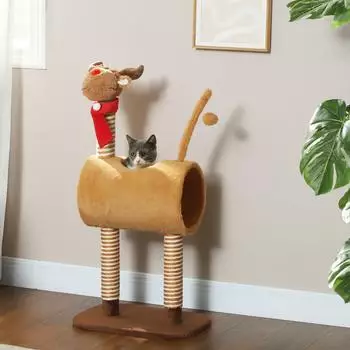 Pawhut 98 cm Katzenturm im Hirschdesign mit H&ouml;hle Spielball Jutest&auml;mme Kletterbaum f&uuml;r mittelgro&szlig;e Katzen Braun