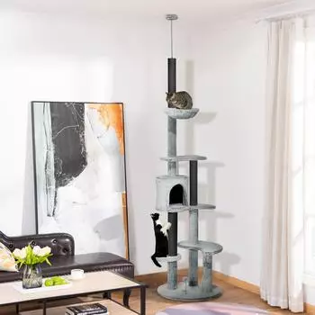 Pawhut Deckenhoch 225-255 cm Katzenbaum mit Katzenh&ouml;hle Korb Grau