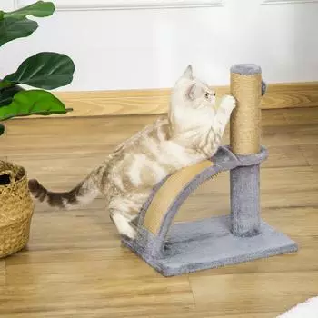 Pawhut 43 cm Kleiner Katzenbaum mit Kratzstamm mit Spielball Katzenm&ouml;bel f&uuml;r Katzen bis 4,5 kg Grau