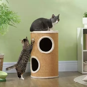 Pawhut 60 cm Hoch &Oslash; 35 cm zweist&ouml;ckige Katzentonne mit Pl&uuml;schrand Katzenh&ouml;hle f&uuml;r Katze bis 5 kg Braun
