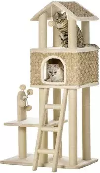 Pawhut 130H cm mit Katzenh&ouml;hle Spielb&auml;lle Jutest&auml;mmen
