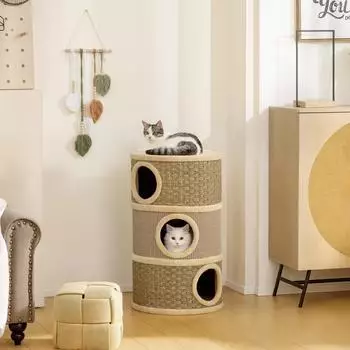 Pawhut f&uuml;r Katzen 79 cm Hoch &Oslash; 45 cm Katzentonne mit 3 Etagen Sisalseil Pl&uuml;sch Katzenh&ouml;hle f&uuml;r gro&szlig;e Katzen Khaki+Kaffee