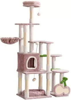Wiltec Kirschen in Rosa 162 cm hoch mit in Kirsch-Form Katzenbaum mit Katzenhaus Liegemulde und Spielb&auml;llen