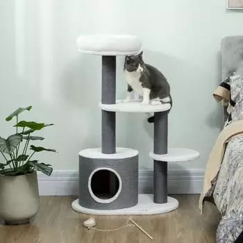 Pawhut 98 cm Katzenturm mit H&ouml;hle Kratzst&auml;mme 3 Plattformen mehrst&ouml;ckiger Kletterbaum f&uuml;r Katzen unter 4 kg Grau+Wei&szlig;