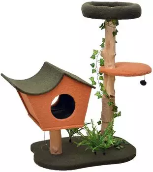 Wiltec mit Pflanzendeko 114 cm mit Teddyfell und Birnbaumholz Katzenhaus mit Spielbällen Katzenmöbel mit Plattformen