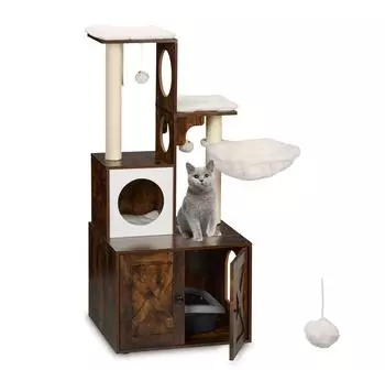 Relaxdays Kratzbaum mit Katzenklo-Schrank, XXL, 128cm, industrial-wei&szlig; (10049989_1502)