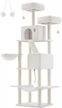 Feandrea Katzenbaum XXL, 206cm, 13 Kratzsäulen, 2 Höhlen, Hängematte, cremeweiß (LEDREM)
