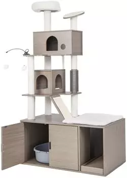 Costway 2-in-1 Katzenturm mit Toilettenschrank, 2 H&auml;usern und Rampe, grau (BH32330SD+)