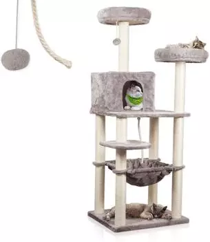 Lycce Royal Kratzbaum 145cm, Sisal, H&ouml;hle, H&auml;ngematte, grau