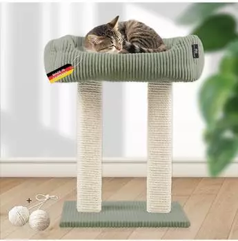 Rohrschneider Katzenbaum Wolly 2 breite Kratzst&auml;mme mit Katzenbett Cordstoff salbei