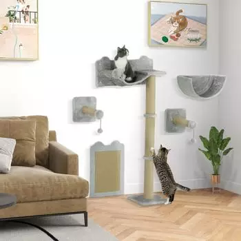 Pawhut Katzen-Kletterwand 5-tlg. mit Kratzpfosten, Hängematte & Sprungplattform, hellgrau (D30-862V00LG)